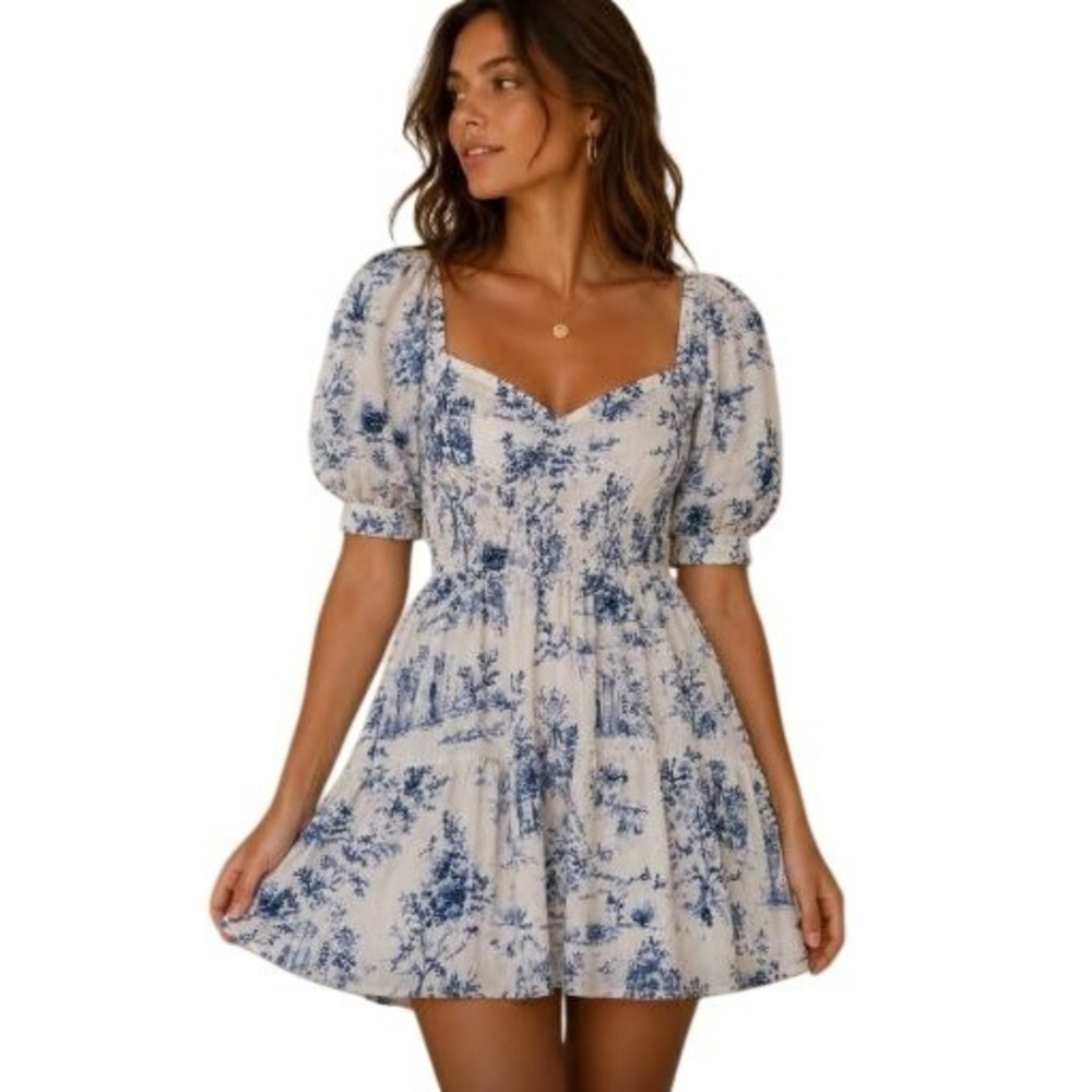 Blue Dress M Toile Puff Sleeve Smocked Coquette Cottage Summer Brunch Romantic